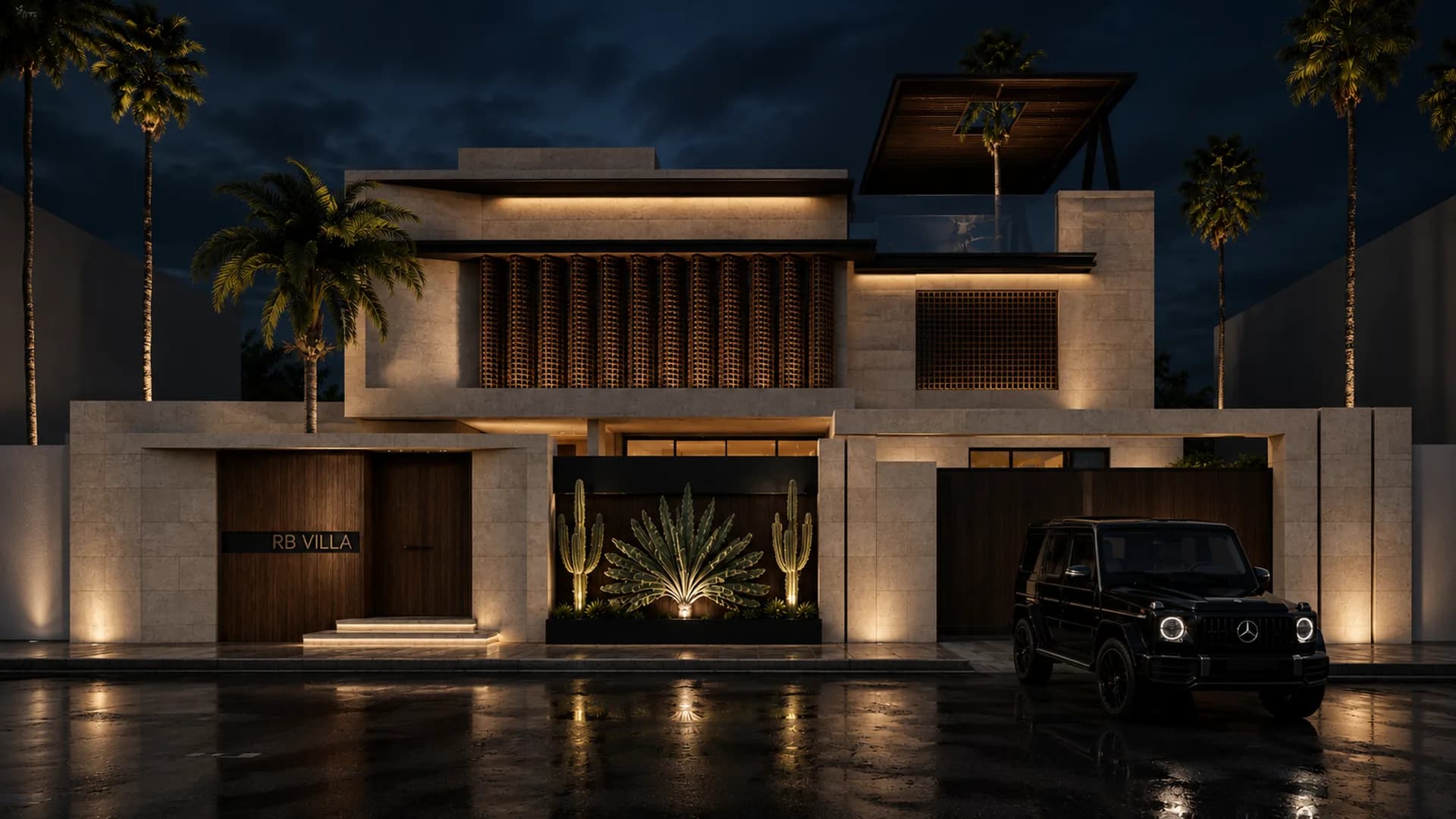BRU CO. RB Villa, a modern residential villa façade at night in Jeddah, Saudi Arabia